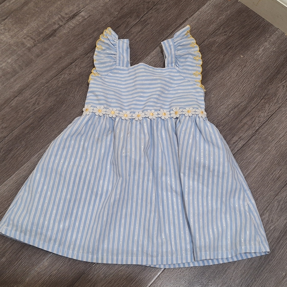 Blue Striped Kids Dress with Floral Accents